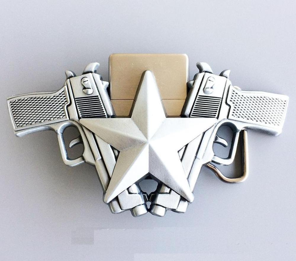 40mm 3D embossed two guns star shape fire lighter belt buckle factory,custom fire lighter belt buckle