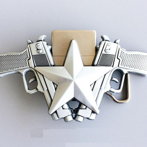 40mm 3D embossed two guns star shape fire lighter belt buckle factory,custom fire lighter belt buckle