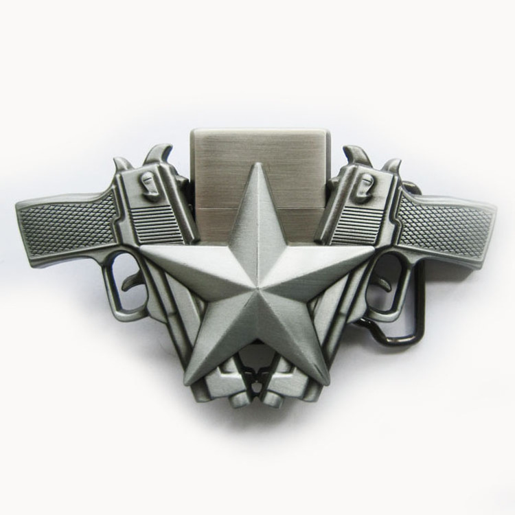 40mm 3D embossed two guns star shape fire lighter belt buckle factory,custom fire lighter belt buckle