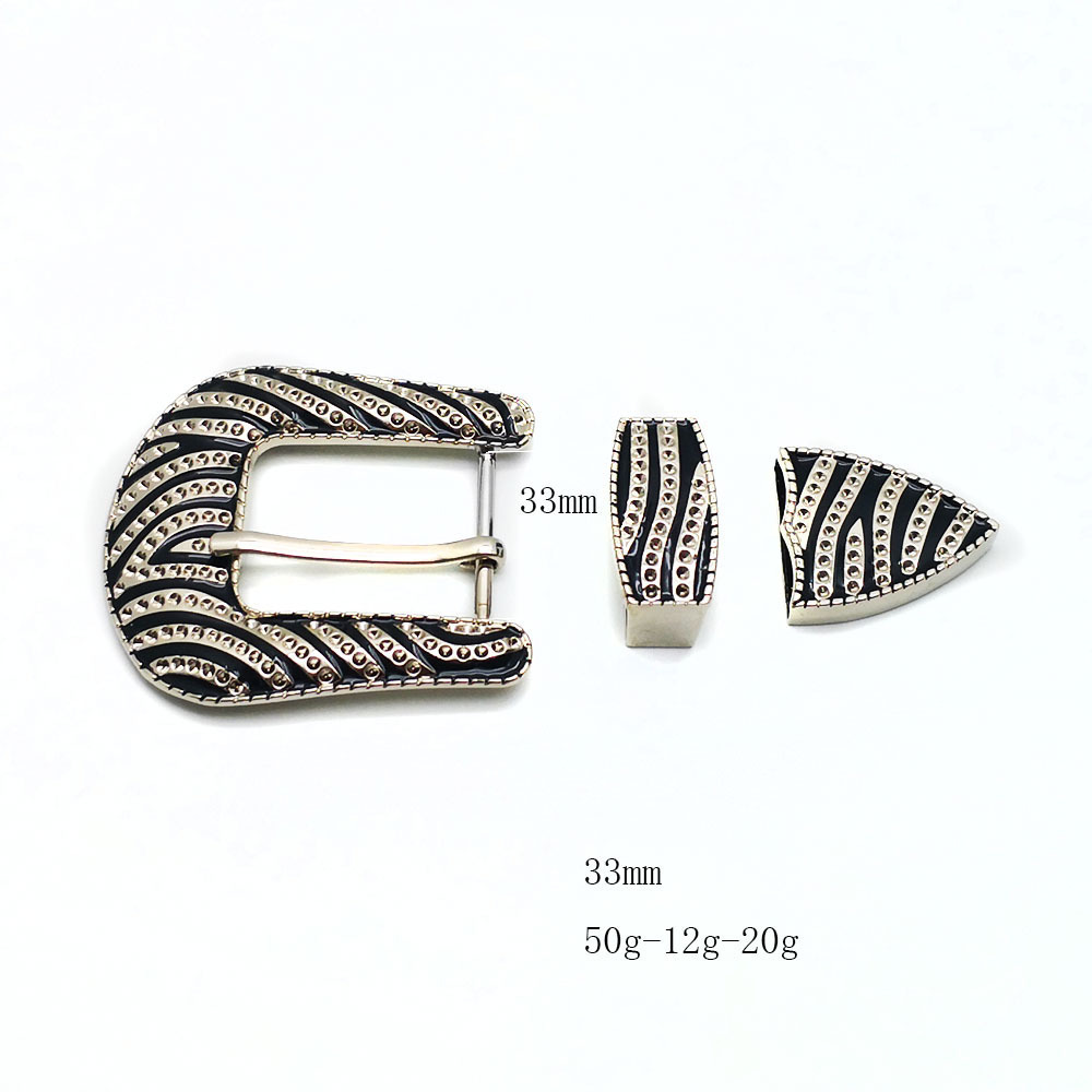 High quality inner width 33mm 40mm  zinc alloy crystal rhinestones 3pcs single prong pin belt buckle set for men