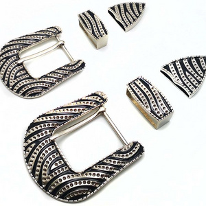 High quality inner width 33mm 40mm  zinc alloy crystal rhinestones 3pcs single prong pin belt buckle set for men