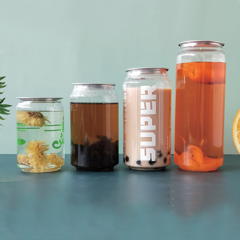 Honest suppliers 330ml 375ml 500ml PET clear juice can with easy open end plastic beverage can