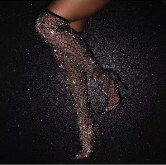 Bling Fashion high heels sexy big size thigh high heel sexy boots Custom black diamante fishnet ankle boots for women