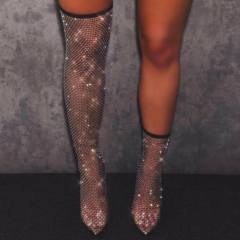 Bling Fashion high heels sexy big size thigh high heel sexy boots Custom black diamante fishnet ankle boots for women