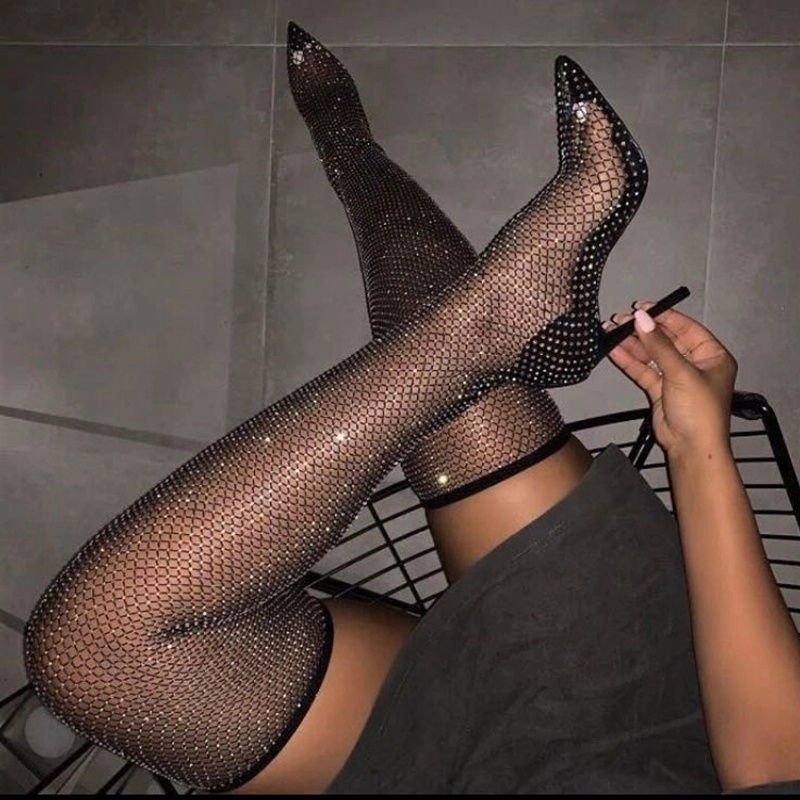 Bling Fashion high heels sexy big size thigh high heel sexy boots Custom black diamante fishnet ankle boots for women