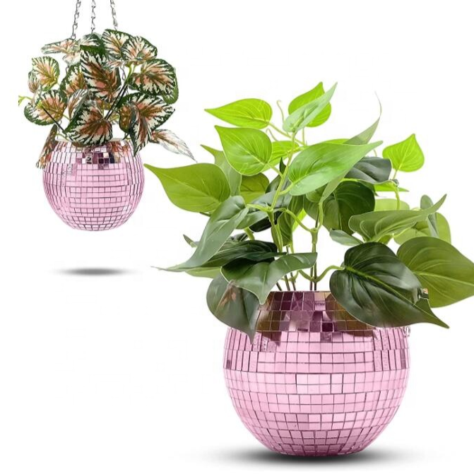 Ball Shape Silver Hanging Basket Planters Pretty Flower Metal Macrame Rope Hanging Disco Mirror Planter Pot