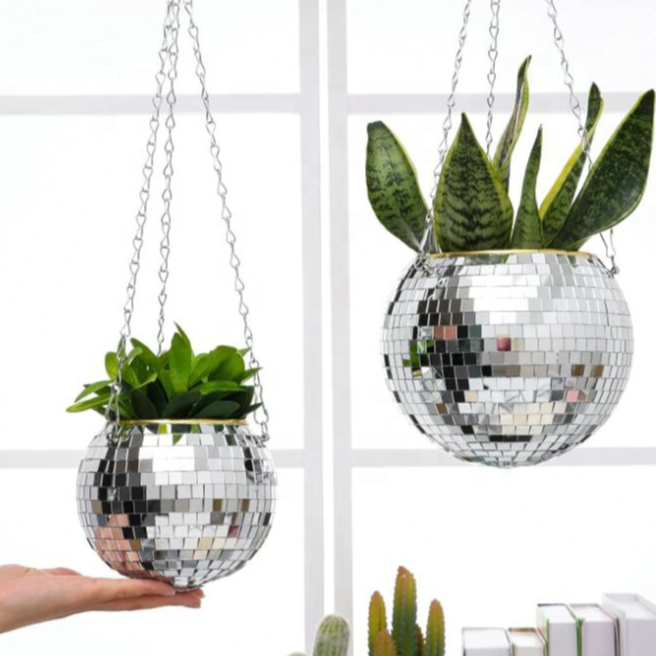 Ball Shape Silver Hanging Basket Planters Pretty Flower Metal Macrame Rope Hanging Disco Mirror Planter Pot