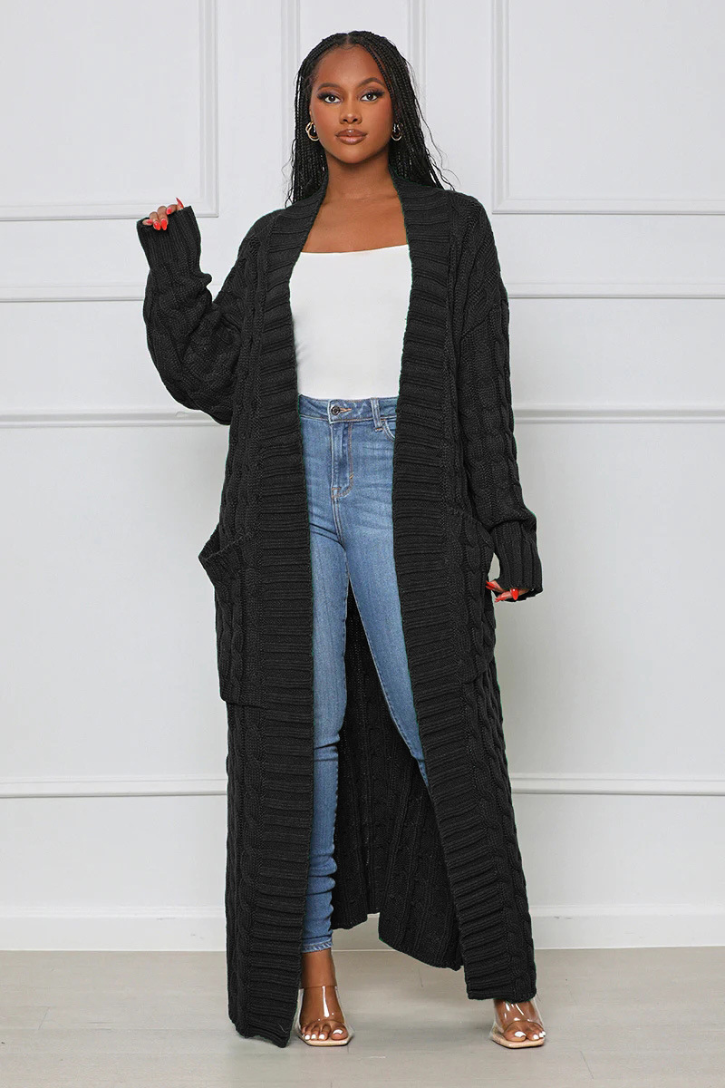 Fengway 2023 New Fall Solid Color Long Cardigan Fashion Pockets Sweater Coat Women Twist Knitted Cardigan