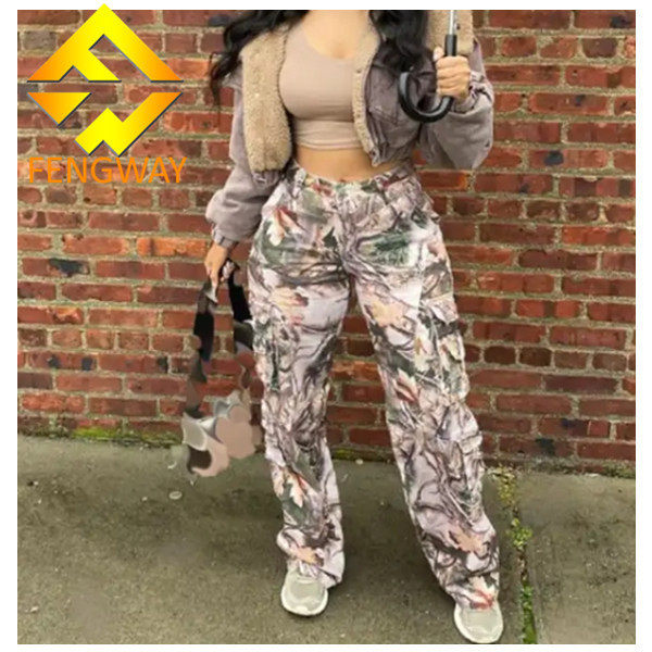 2024 New Arrivals Fashion Printing Cargo Pants High Waist Straight Pants Trendy Multi Pocket Pants For Women