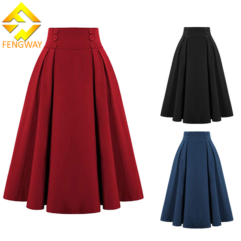 Fengway 2023 S-4XL Plus Size Women Clothing Ladies Swing Buttons Long Skirt Retro High Waist Pleated Skirt