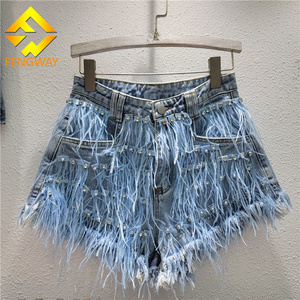 2024 New Summer Diamonds Ostrich Feather Tassel Blue Denim Shorts Female Fashion Slim Fit All-match Denim Short Jeans For Women