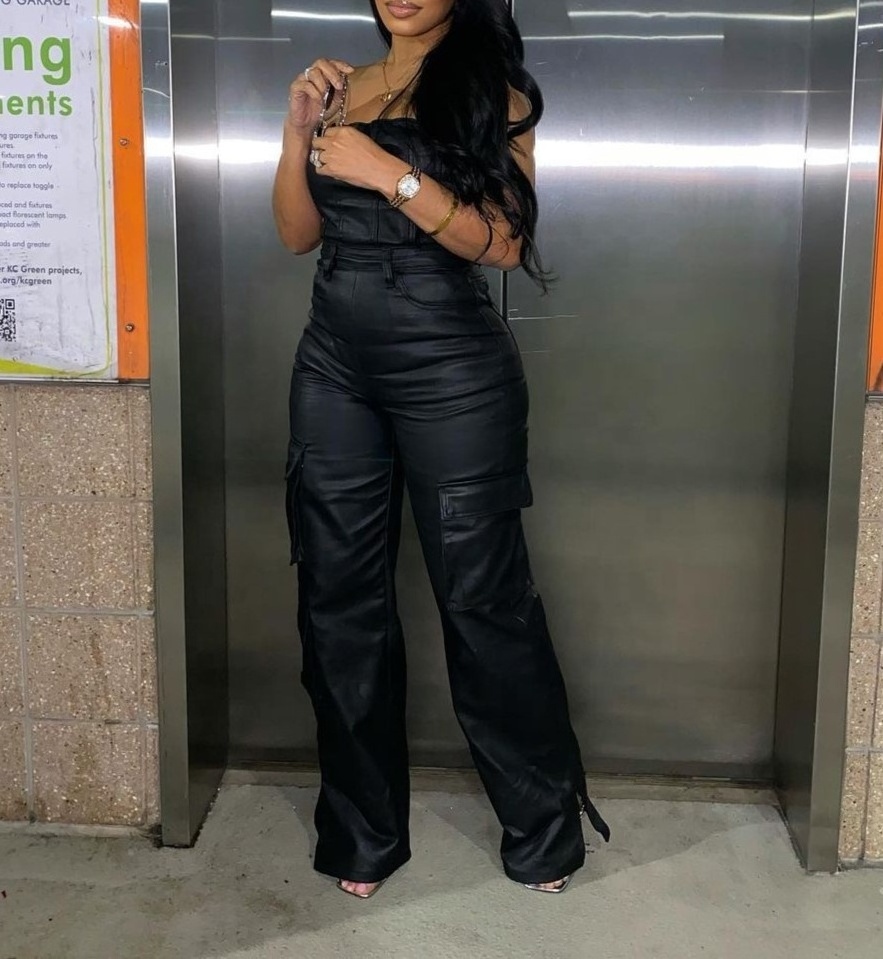 streetwear 2024 female clothes solid black tight jumpsuit one piece cargo pants Pu leather jumpsuits