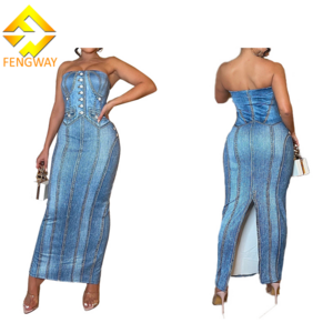 2024 Summer Fashion Denim Print Dress Sexy Backless Bodycon Dress Ladies Strapless Split Long Dresses