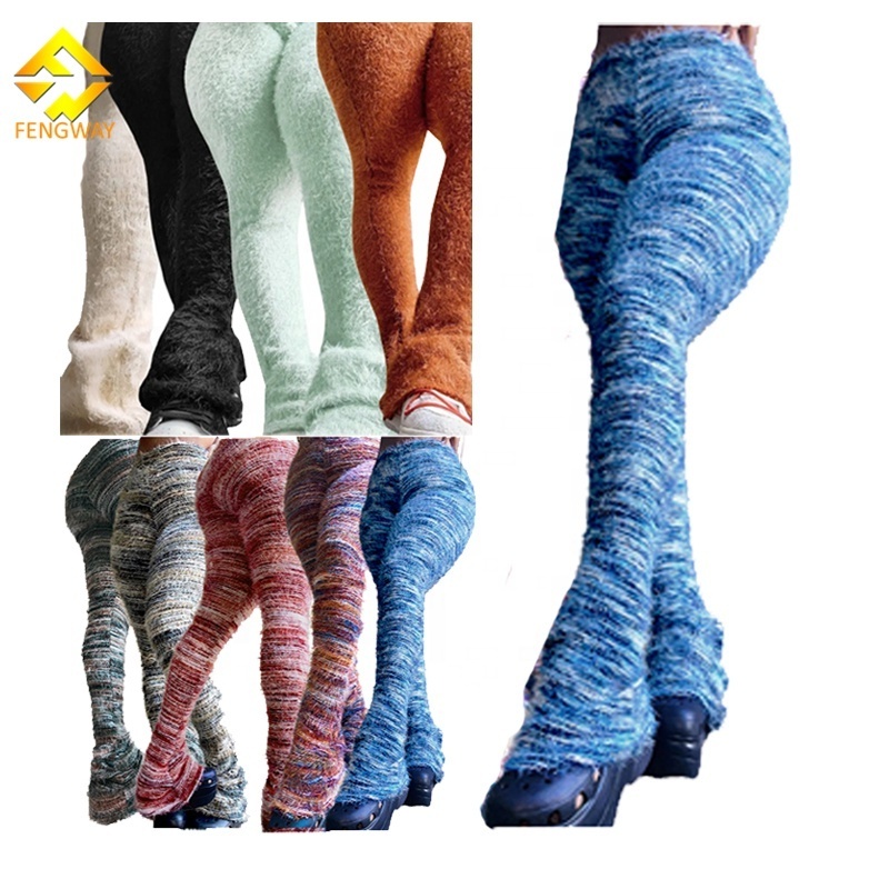 2024 new arrivals Fashion woman stacked joggers fur Pleated flare Pants woman fuzzy Stacked Sweat pants