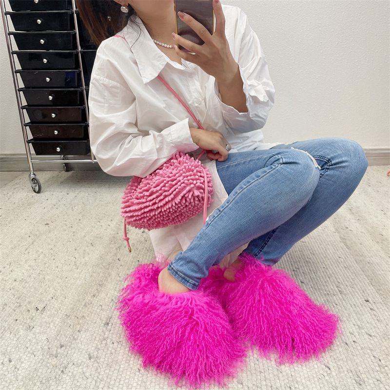 wholesale Luxury Style Ladies Cute Fluffy Slippers Flat Fur Slides And Purse Set For Women Fur Slides Slippers