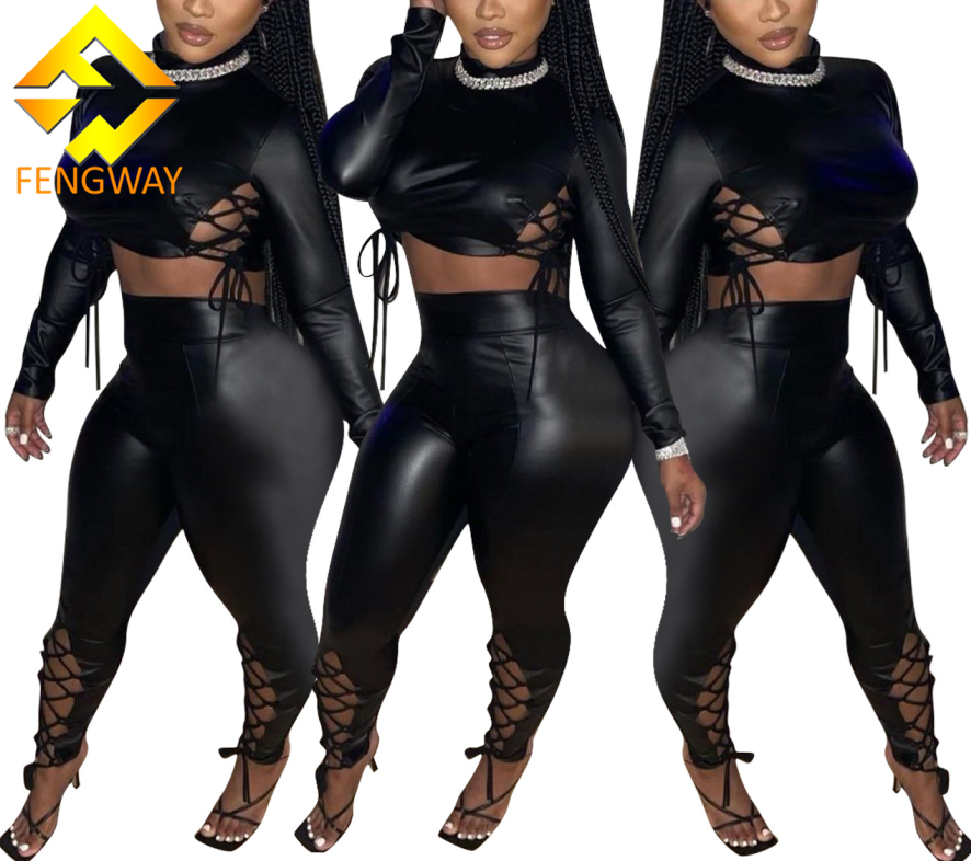 2023 Autumn Pu Leather Pant Suits Sexy Club Outfits For Women Winter Clothing Black Long Sleeve Bandage 2 Piece Set