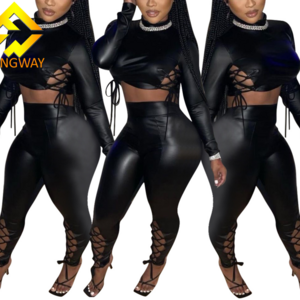 2023 Autumn Pu Leather Pant Suits Sexy Club Outfits For Women Winter Clothing Black Long Sleeve Bandage 2 Piece Set