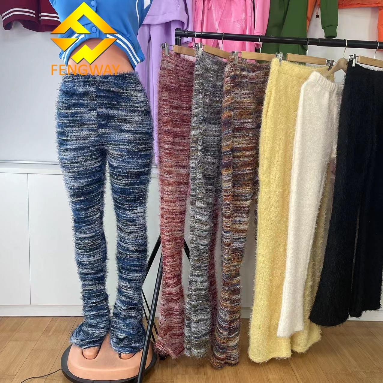 2024 new arrivals Fashion woman stacked joggers fur Pleated flare Pants woman fuzzy Stacked Sweat pants