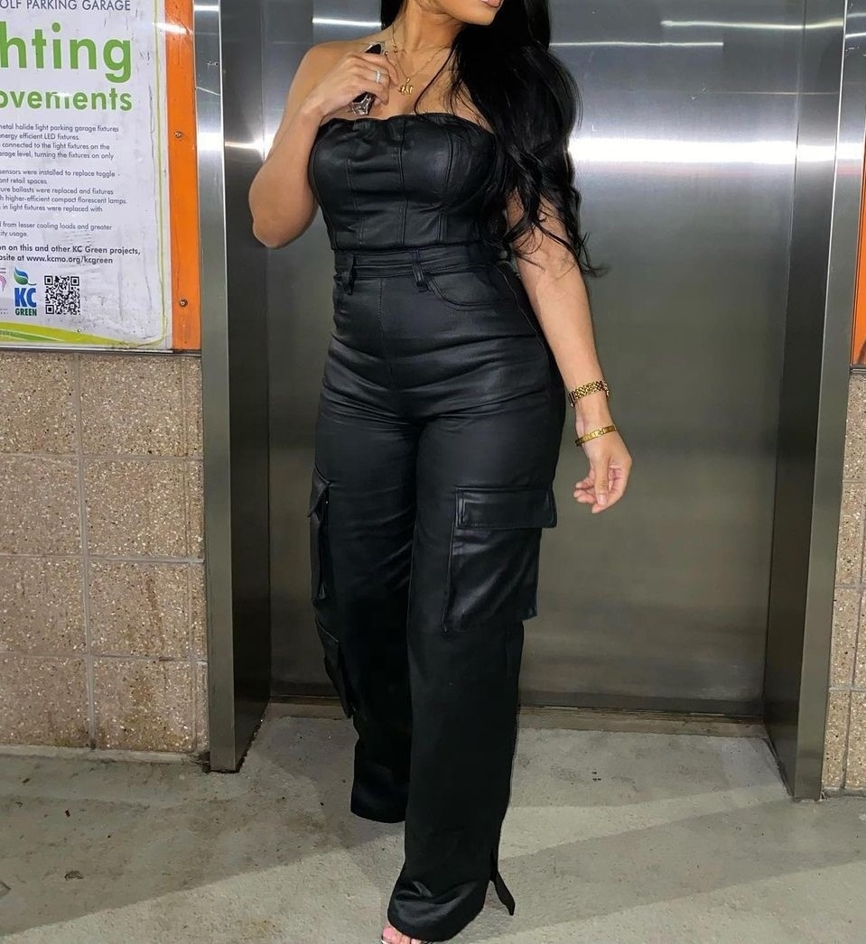 streetwear 2024 female clothes solid black tight jumpsuit one piece cargo pants Pu leather jumpsuits