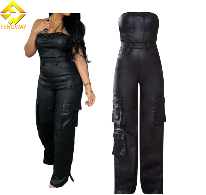 streetwear 2024 female clothes solid black tight jumpsuit one piece cargo pants Pu leather jumpsuits