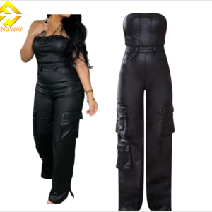 streetwear 2024 female clothes solid black tight jumpsuit one piece cargo pants Pu leather jumpsuits