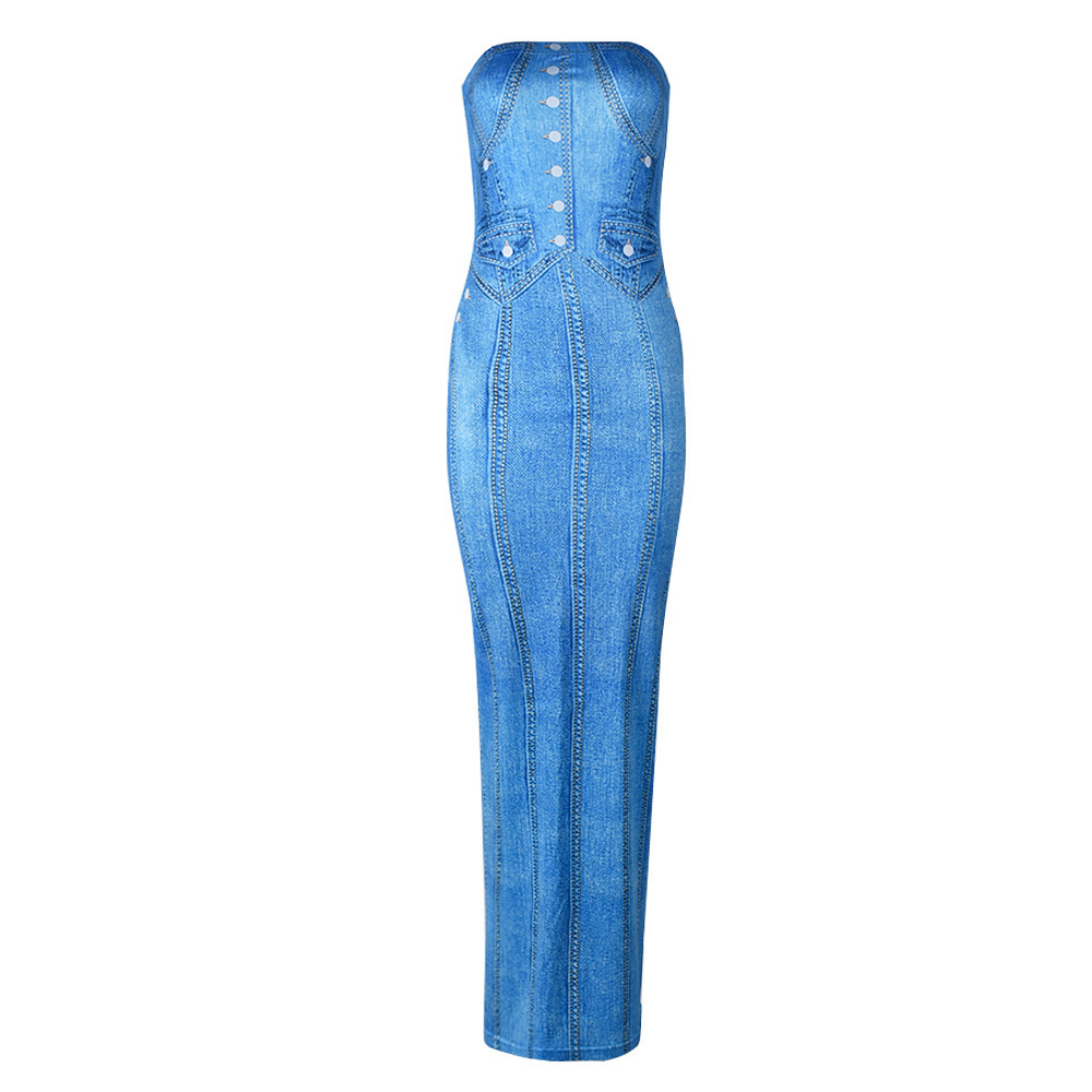 2024 Summer Fashion Denim Print Dress Sexy Backless Bodycon Dress Ladies Strapless Split Long Dresses