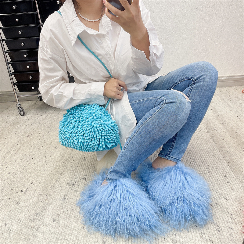 wholesale Luxury Style Ladies Cute Fluffy Slippers Flat Fur Slides And Purse Set For Women Fur Slides Slippers