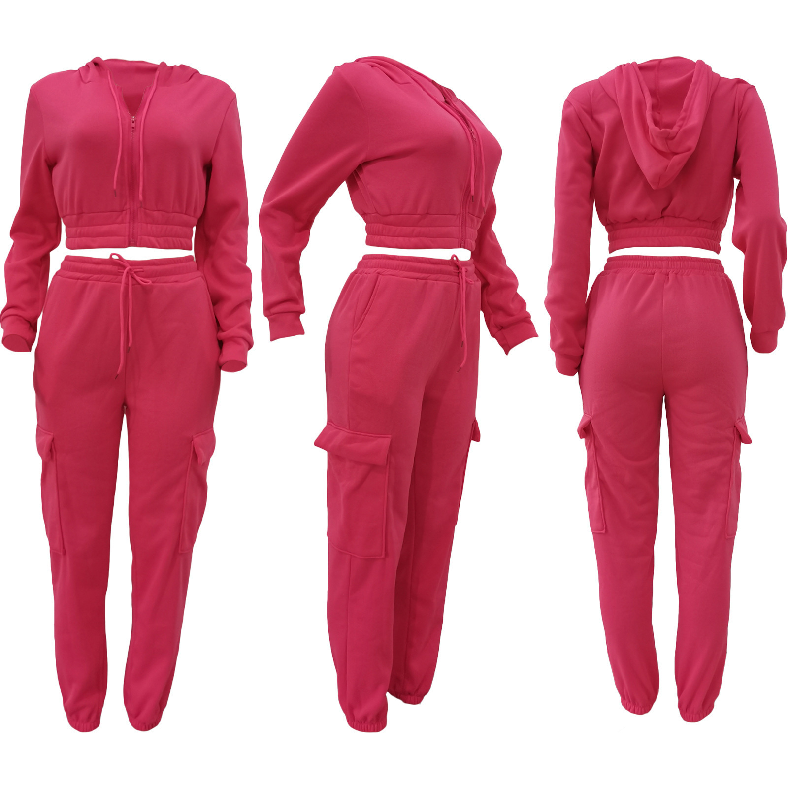 2024 winter women Jogger set  long Sleeve  Fleece  thick Sweatsuits two pieces cargo pants Hooded set