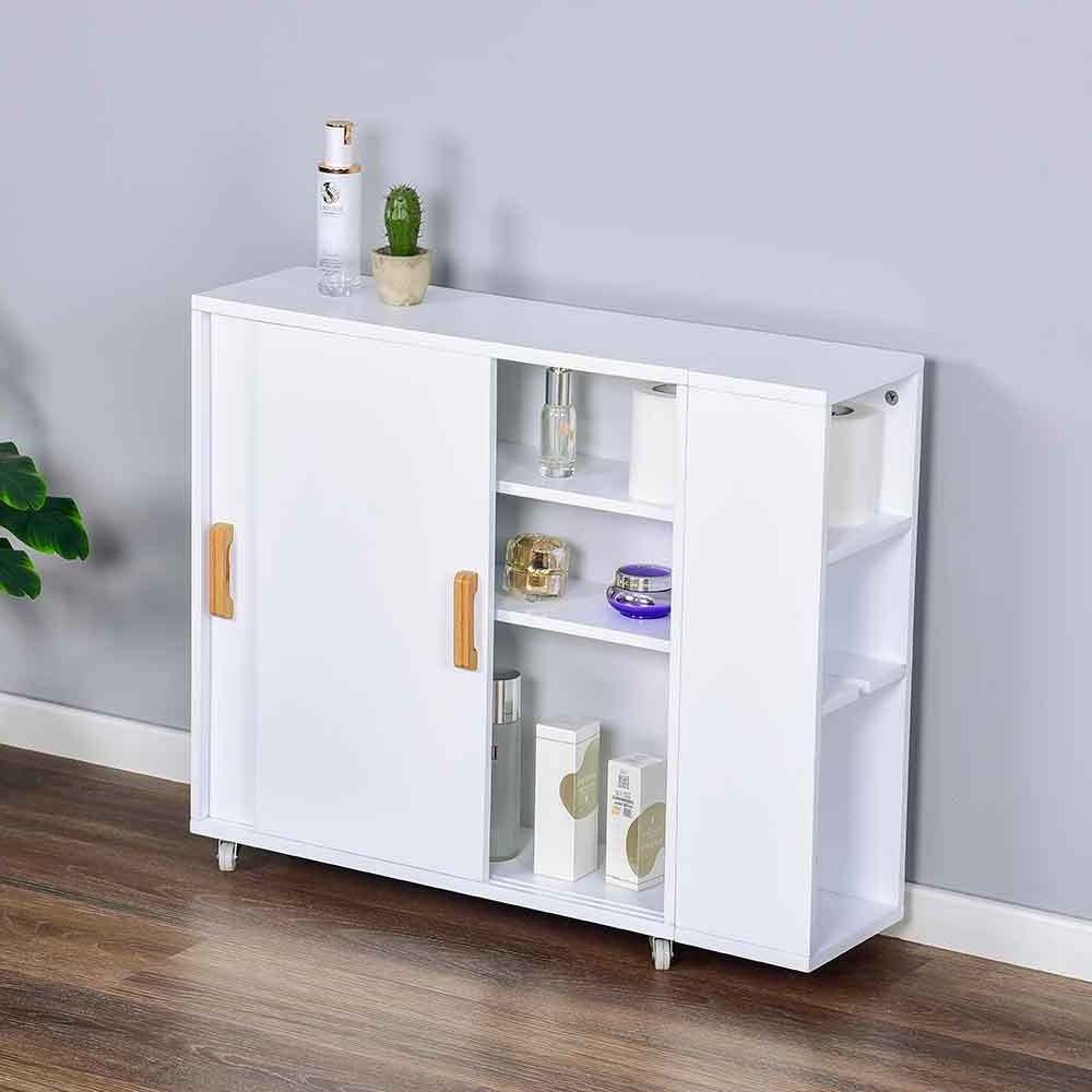 Wooden Entryway Furniture Rolling Storage Racks Bathroom Cabinet Organizer Cupboard Toilet Storage Shelf With Sliding Doors