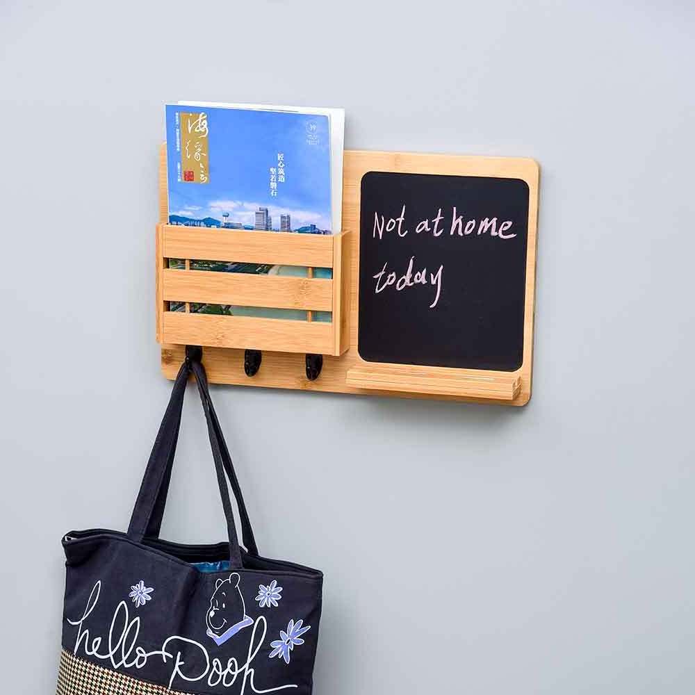 Living Room Wall Mounted Chalkboard Mail Holder Bamboo Storage Organizer with Key Hooks Wooden Coat Wall Shelf for Home Decor