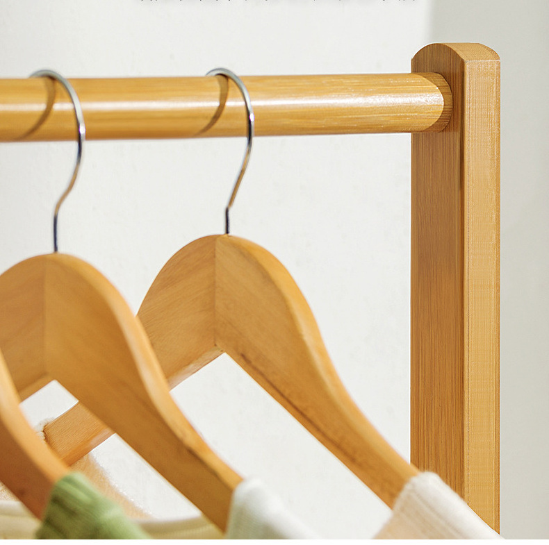 Hot sale bedroom wood clothes rack shelf garment hanging multiifunctional bamboo entry simple coat rack with wheel