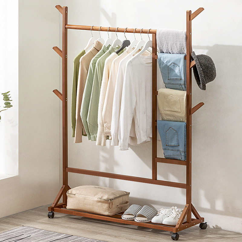 Hot sale bedroom wood clothes rack shelf garment hanging multiifunctional bamboo entry simple coat rack with wheel