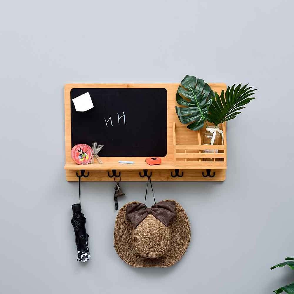 Wall Mounted Rack Key Holder Mail Organizer Home Decor Living Room Bamboo Storage  Wooden Coat Racks Wall Hooks with Chalkboard