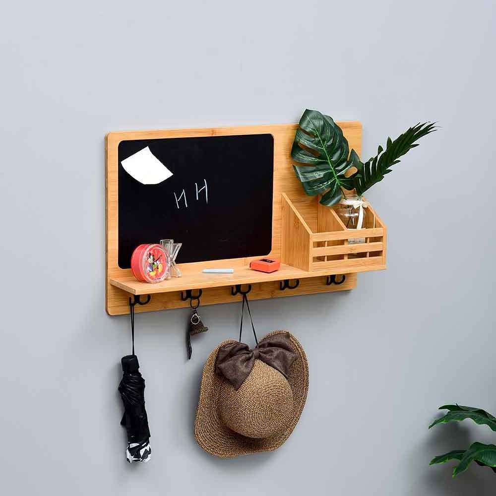 Wall Mounted Rack Key Holder Mail Organizer Home Decor Living Room Bamboo Storage  Wooden Coat Racks Wall Hooks with Chalkboard