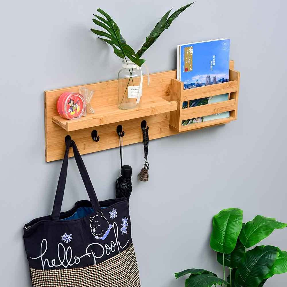 Wall Mounted Rack Mail Holder Bamboo Storage Organizer with Key Hooks Wooden Coat Racks Wall Shelf for Home Decor