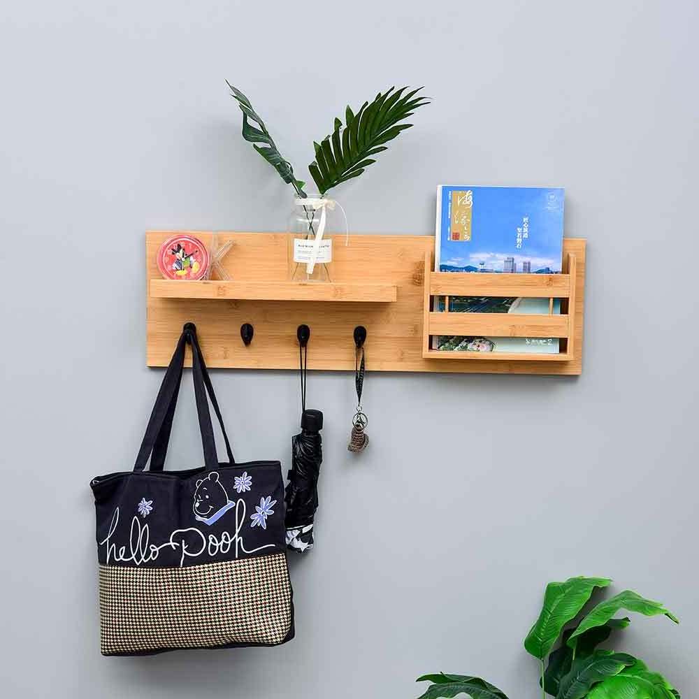 Wall Mounted Rack Mail Holder Bamboo Storage Organizer with Key Hooks Wooden Coat Racks Wall Shelf for Home Decor