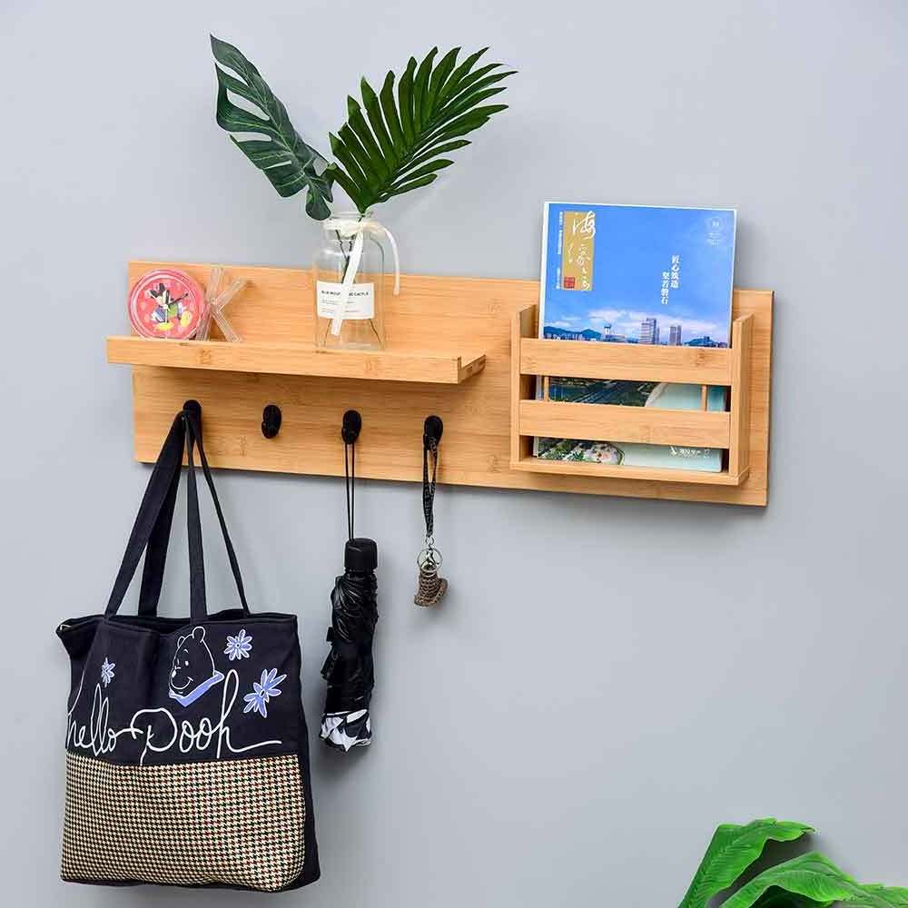 Wall Mounted Rack Mail Holder Bamboo Storage Organizer with Key Hooks Wooden Coat Racks Wall Shelf for Home Decor