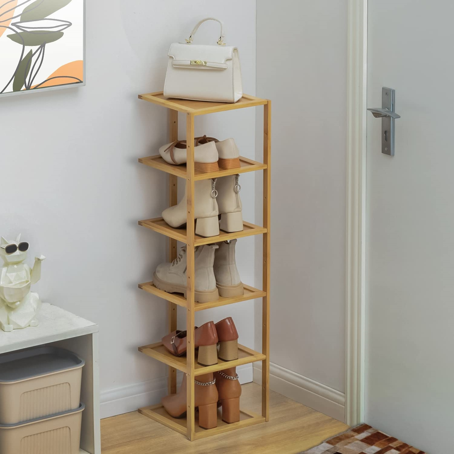 Furniture Shoe Rack Storage Single Pairs Shoe Shelf for Small Spaces Corner Bamboo Narrow Shoe Rack