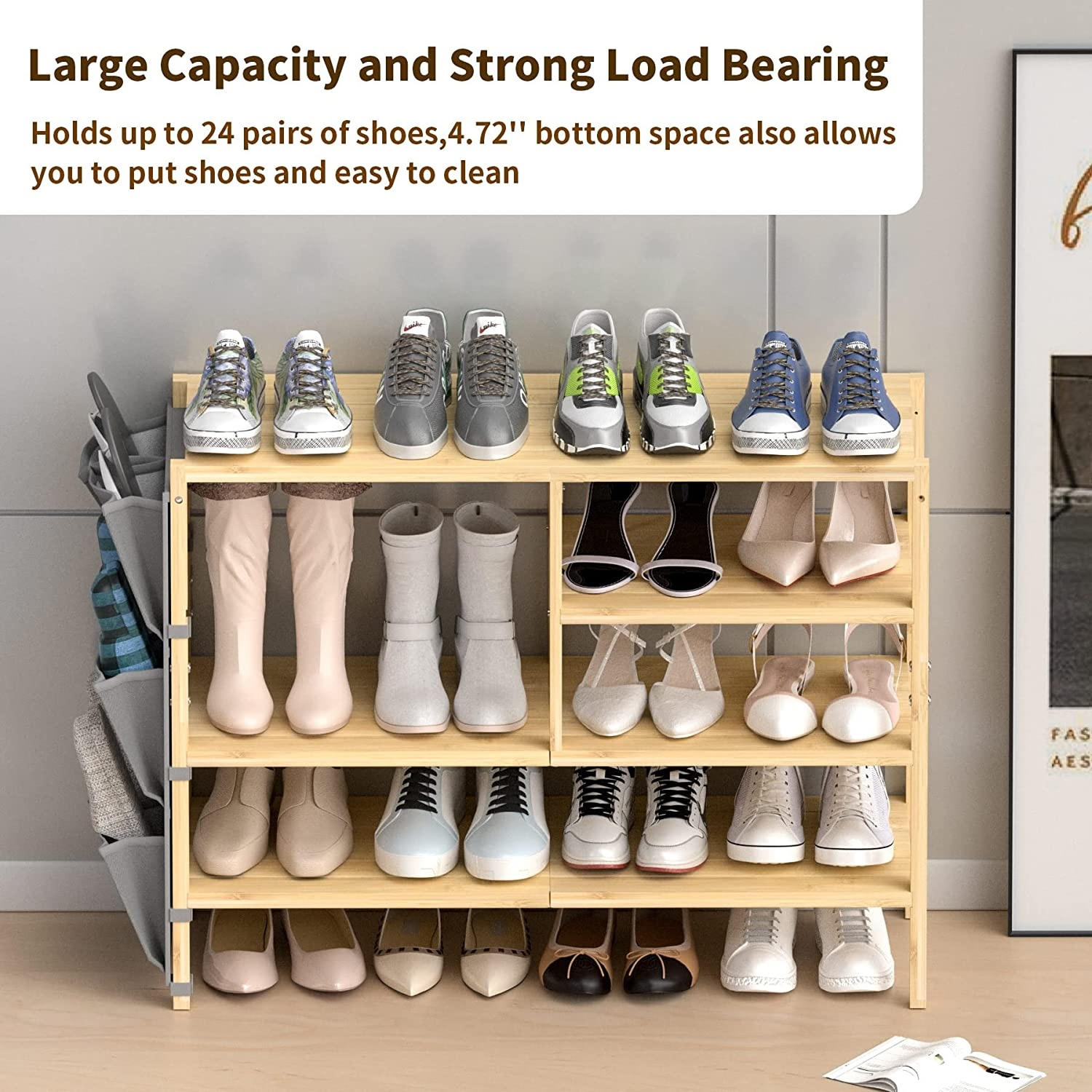 4 Tiers Free Standing Shoe Organizer Sturdy Boots Shoes Storage Rack for Entryway Bedroom Bamboo Shoe Rack