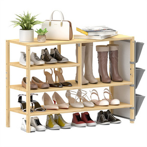 4 Tiers Free Standing Shoe Organizer Sturdy Boots Shoes Storage Rack for Entryway Bedroom Bamboo Shoe Rack