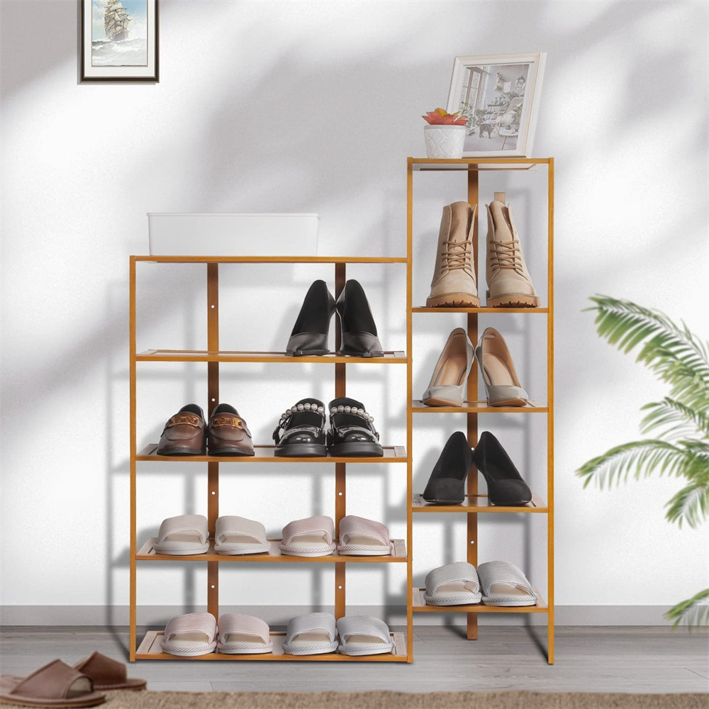 10 Tier Vertical Double Row Shoe Shelf for Entryway Hallway Heels Storage Shelf Display Bamboo Shoe Rack