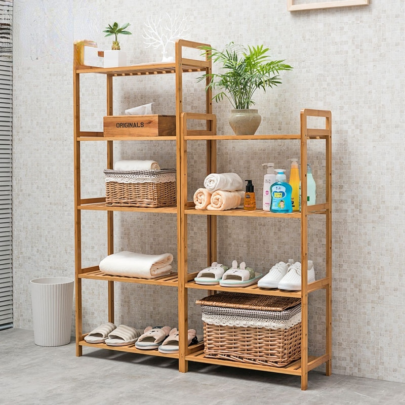 Multi Layer Bamboo Shelf Organizer Towel Holder Storage Rack Layer Height Adjustment Bathroom Shelves