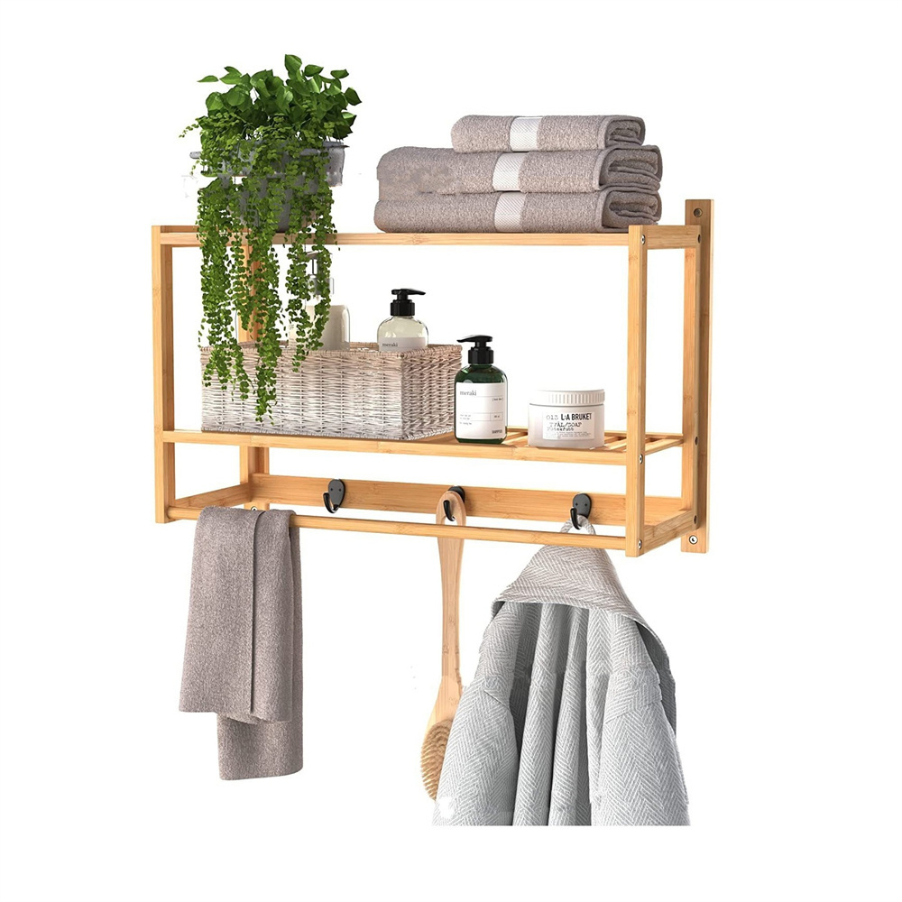 Natural Bamboo Organizer Towel 3 Hooks Rack Wall Mounted Storage Shelves Bathroom Rack Home Bathroom Bamboo Wall shelf