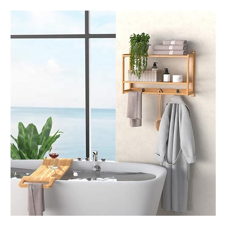 Natural Bamboo Organizer Towel 3 Hooks Rack Wall Mounted Storage Shelves Bathroom Rack Home Bathroom Bamboo Wall shelf