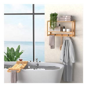 Natural Bamboo Organizer Towel 3 Hooks Rack Wall Mounted Storage Shelves Bathroom Rack Home Bathroom Bamboo Wall shelf