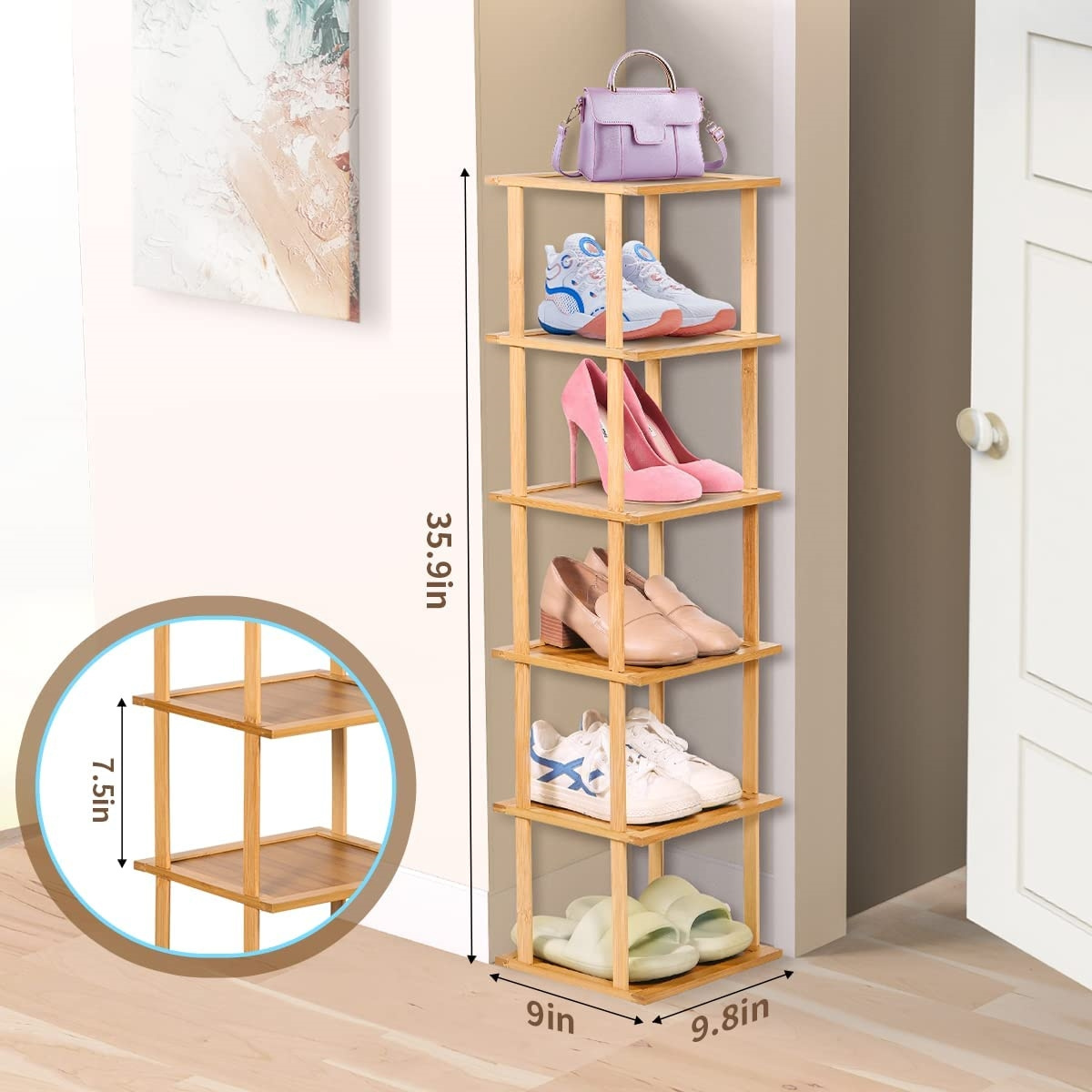 6 Tier Bamboo Shoes Cabinet Bamboo Vertical Shoe Rack 6 Tier Narrow Free Standing Shoe Rack Organizer for Unit Entryway Hallway