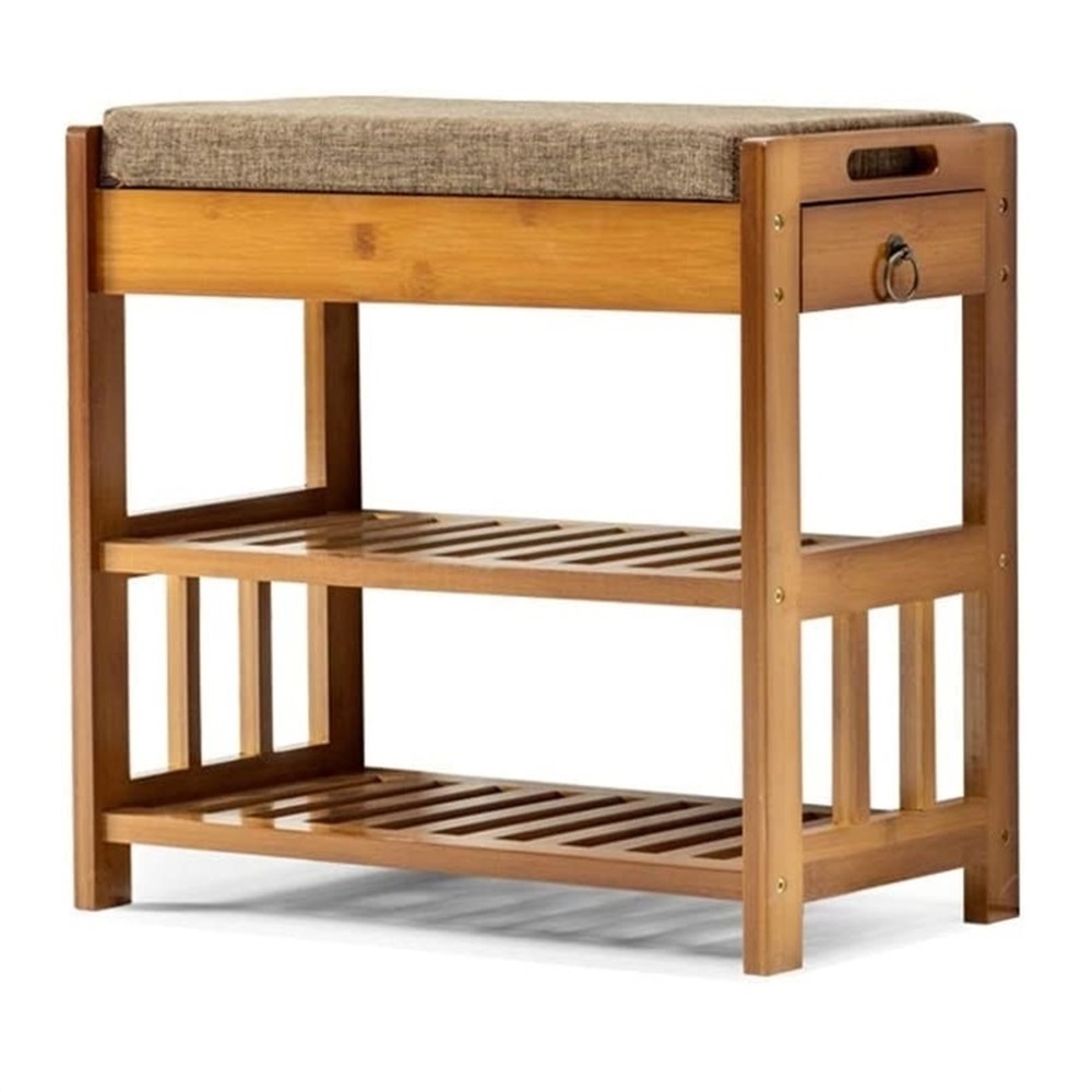 Bamboo Shoe Rack Bench with Padded Cushion Bamboo Shoe Storage Seat Shelf Entryway Shoe Bench with Drawer