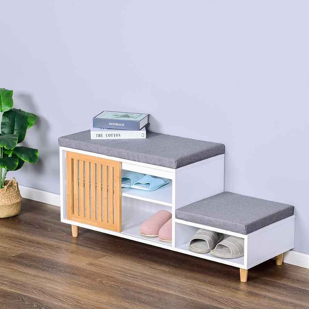 Entryway Storage Bench with Soft Seat Cushion Wooden Hallway Bench Shoe Rack Home Foot Stool Ottoman Cabinet Shoe Bench