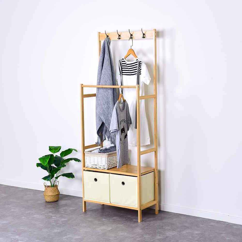 Bamboo Garment Racks Display Storage Shelf 4 Hooks Organizer Wooden Coat Clothing Rack Clothes Wood Hanger Coat Stands