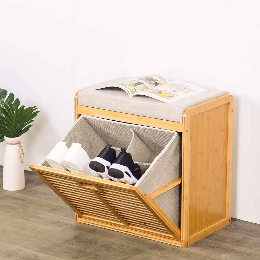 Bamboo Shoe Rack for Seat wooden Shoes Bench with Soft Cushion Flip Drawer Shoe Cabinet Organizer